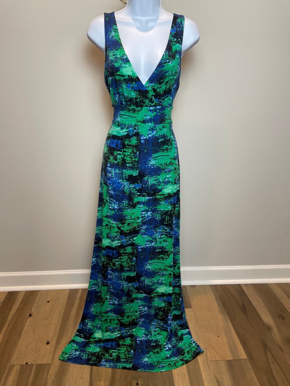 Willi Smith Blue Green Pattern Maxi Dress V‑Neck Jersey Knit Size M